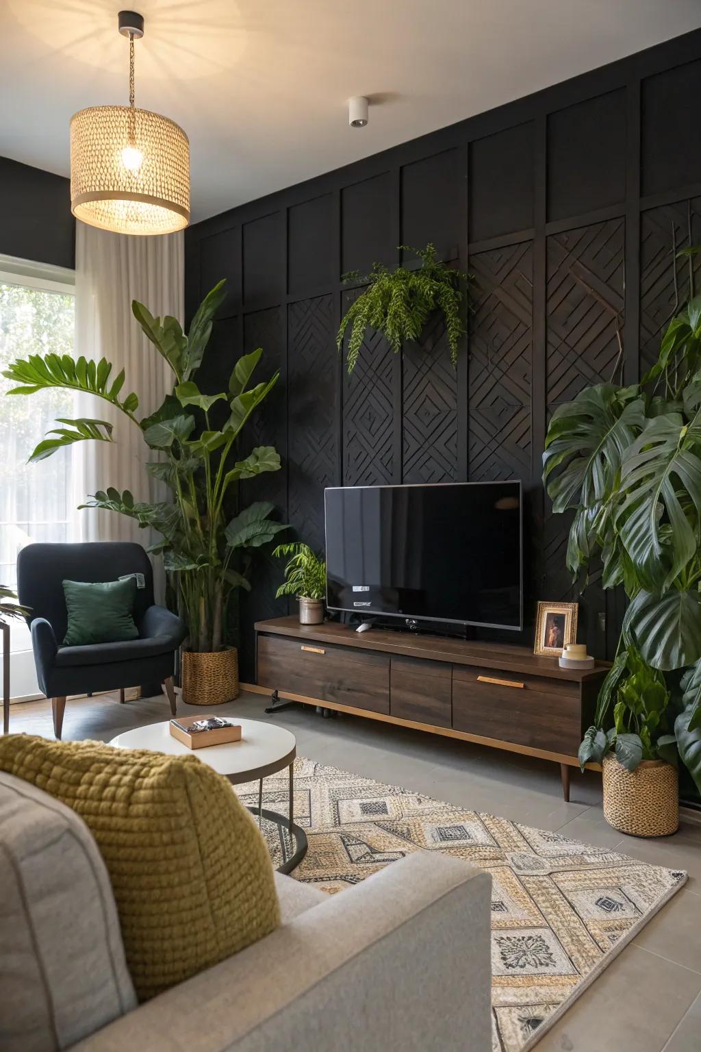 Flora introduces a refreshing contrast to a dark accent wall.