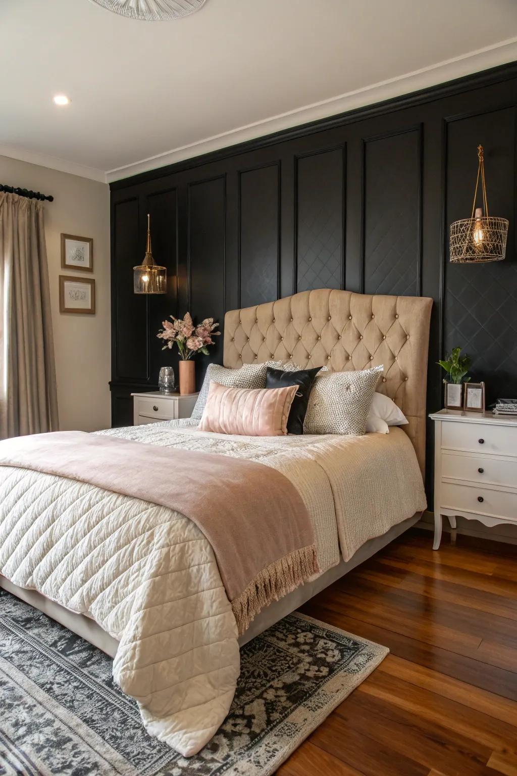 A snug bedroom showcasing a black accent wall that emphasizes the elegant headboard and soft bedding.
