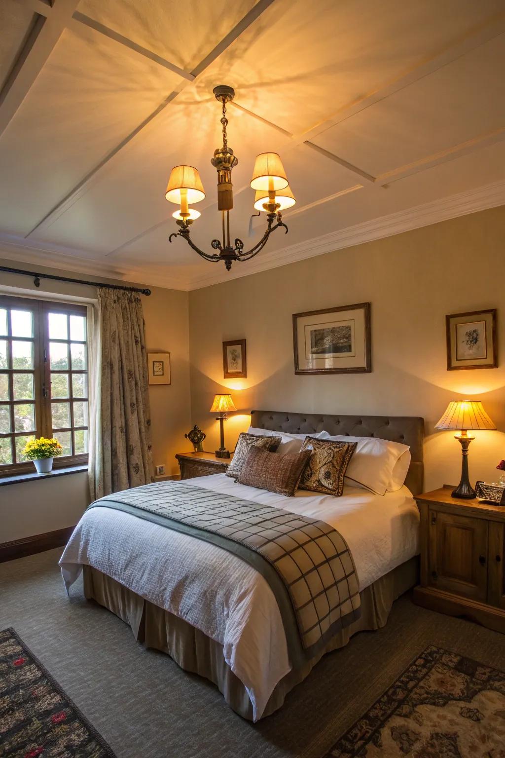 Delicate lighting elevates the comfortable vibe of the sleeping quarters.