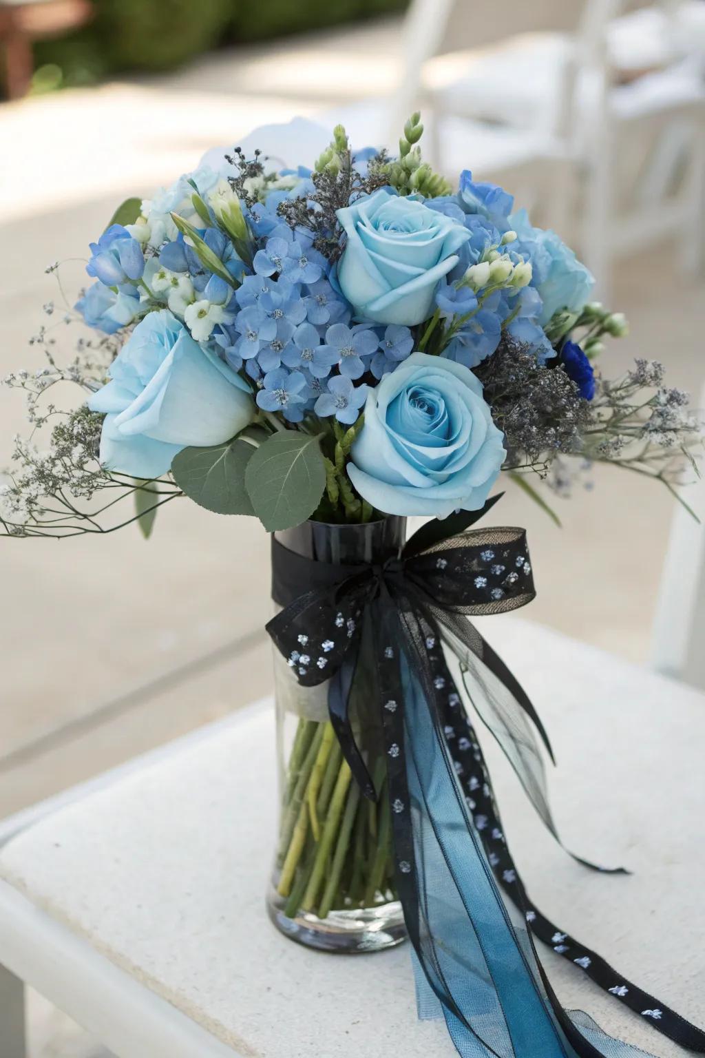 Sapphire blooms paired with charcoal accents create stunning floral arrangements.