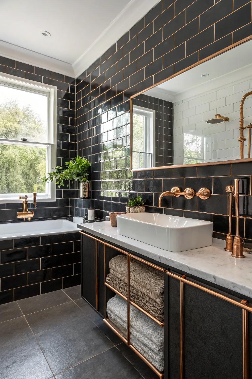 A combination of facets elevates the sophistication of ebony and copper.