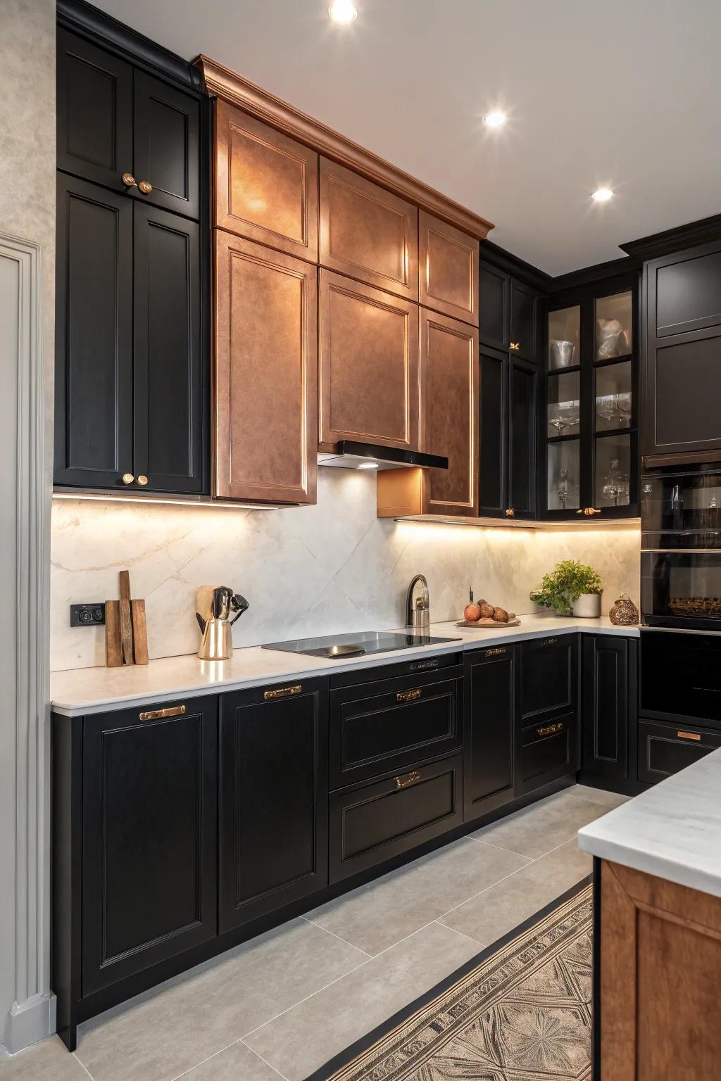Blending dark and bronze cupboards for a vibrant kitchen design.
