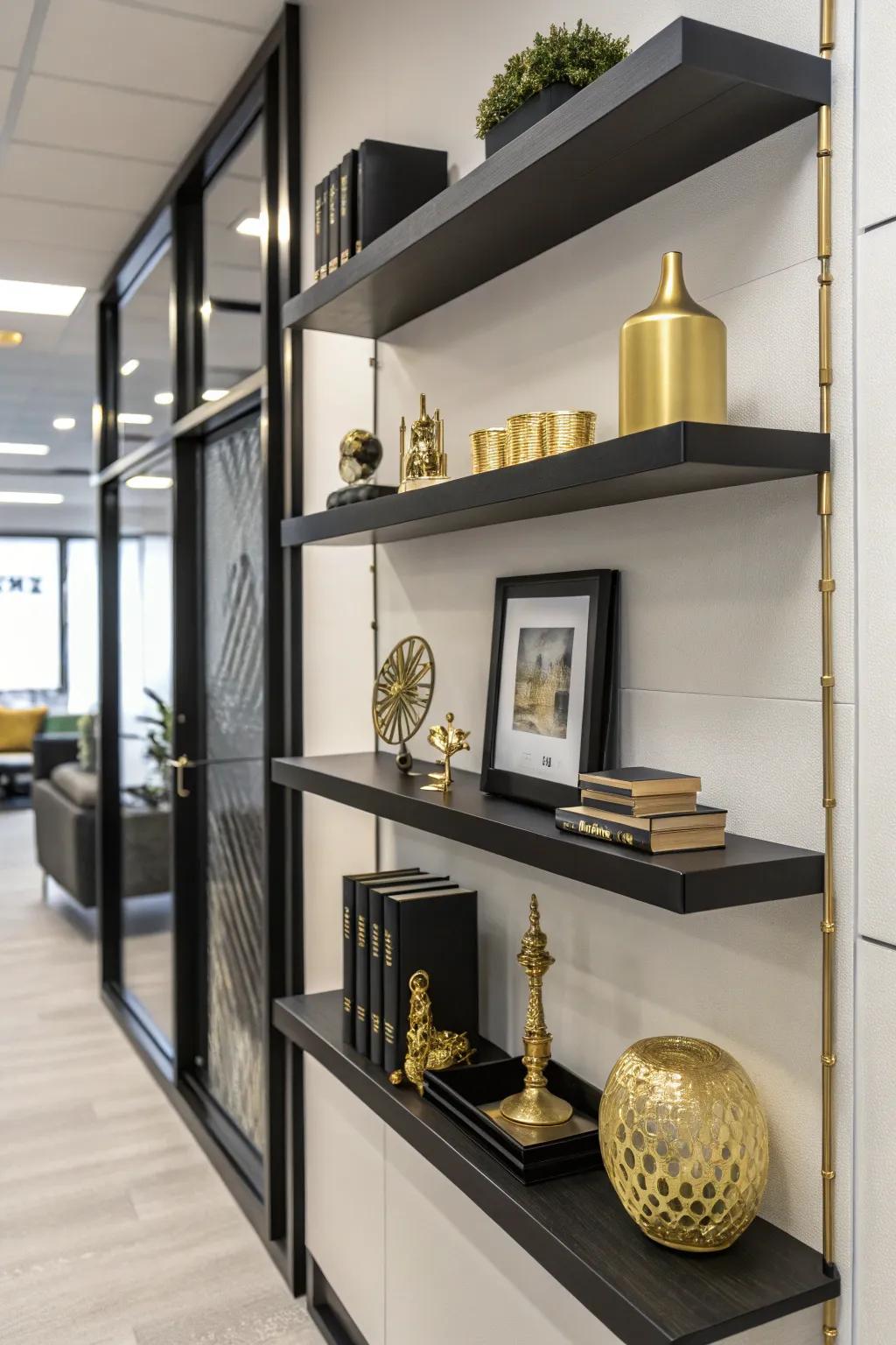 Dark shelving paired with gilded decor creates a well-balanced and refined display.