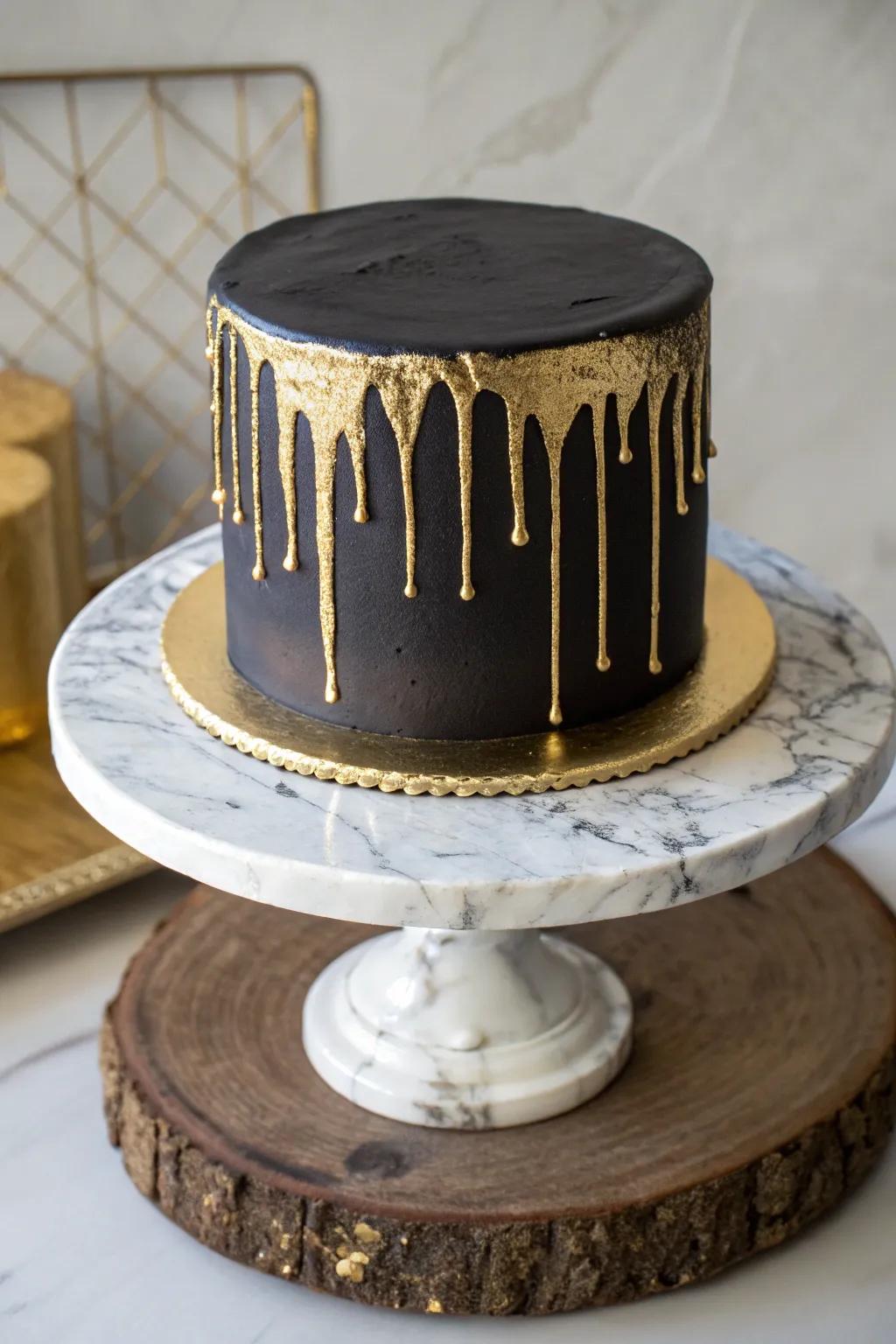 Playful gilded flows add a lively touch to this elegant black cake.