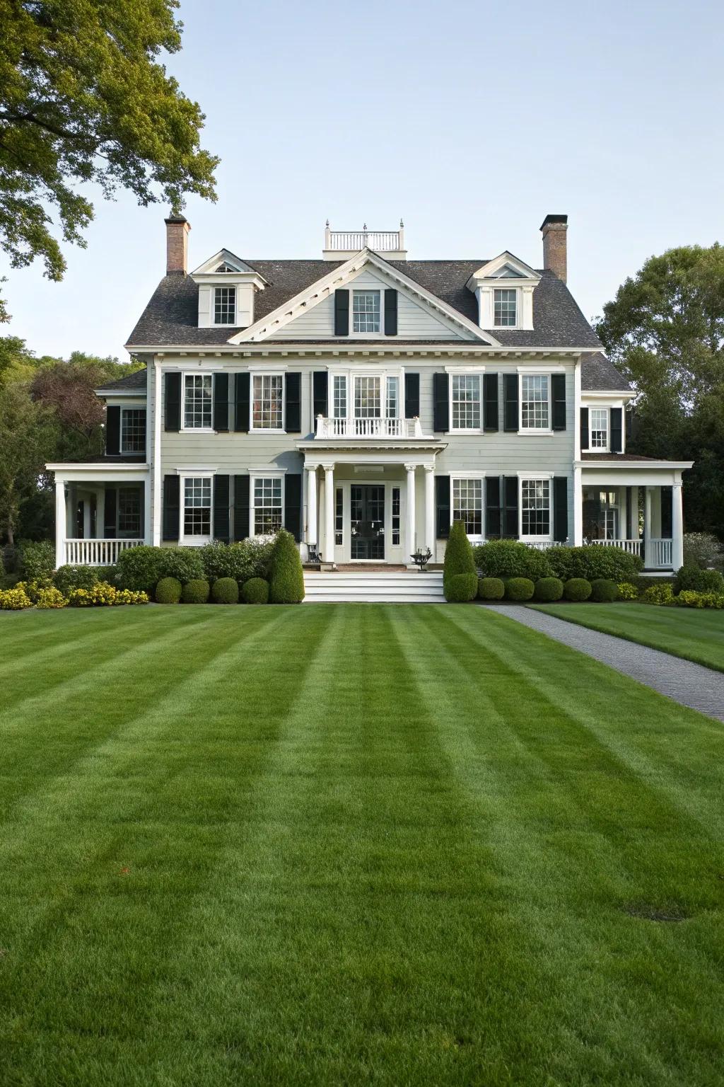 A Colonial-style home with balanced black and white features.