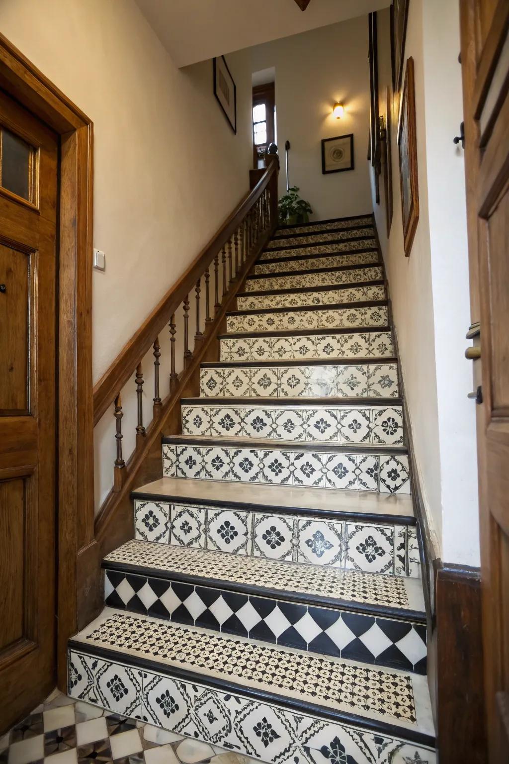 A classic staircase incorporating timeless noir and blanc motifs for enduring charm.