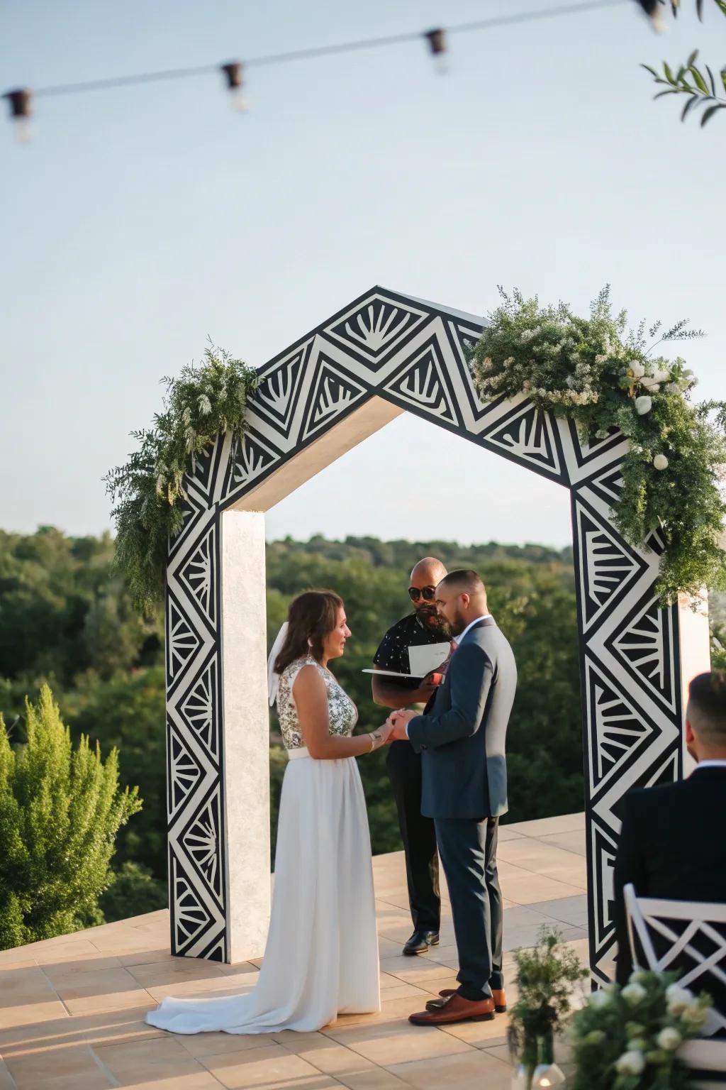 A bold geometric structure adds a modern twist to a traditional monochrome ceremony.