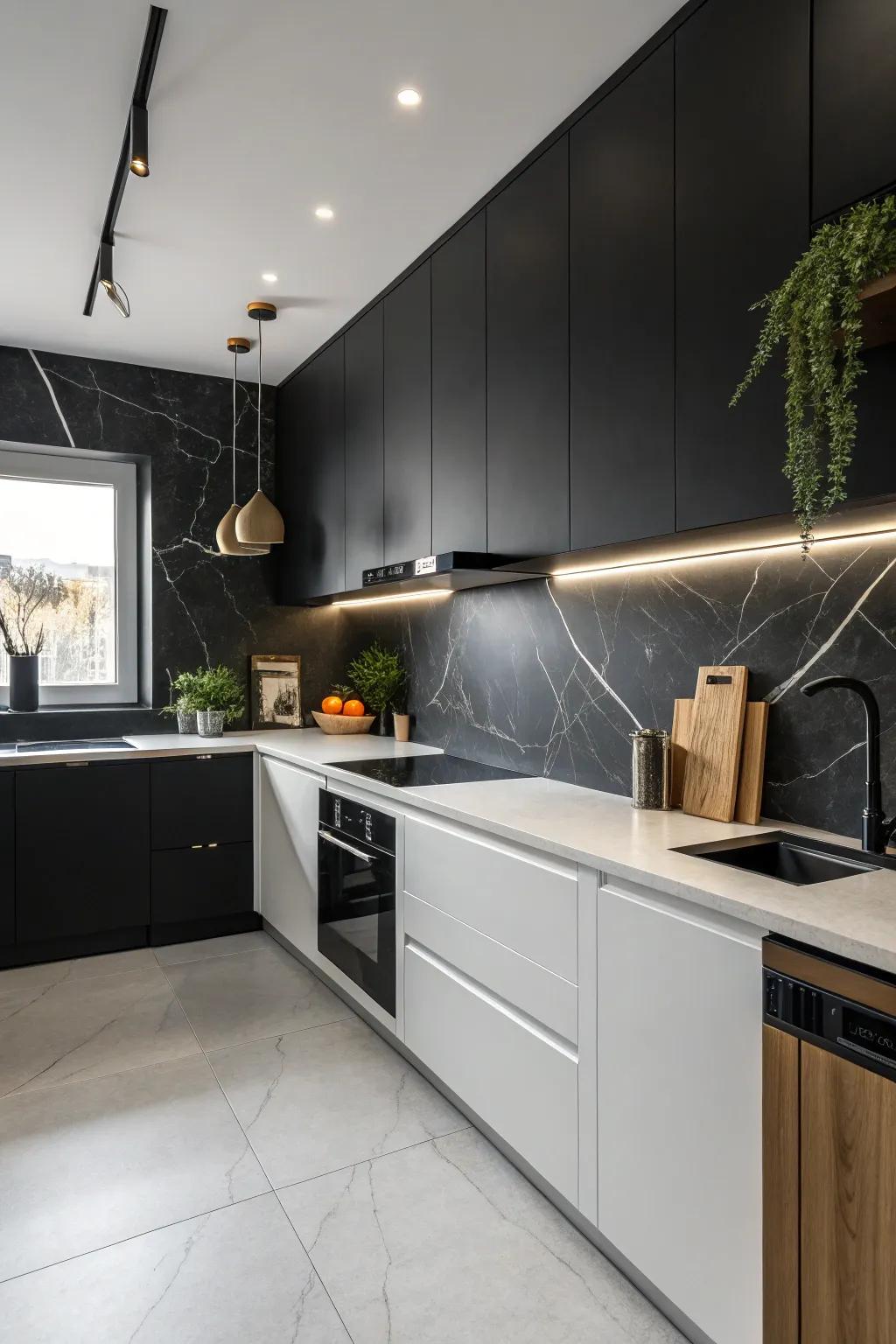 This minimalist kitchen features a matte ebony backsplash that exudes understated elegance.