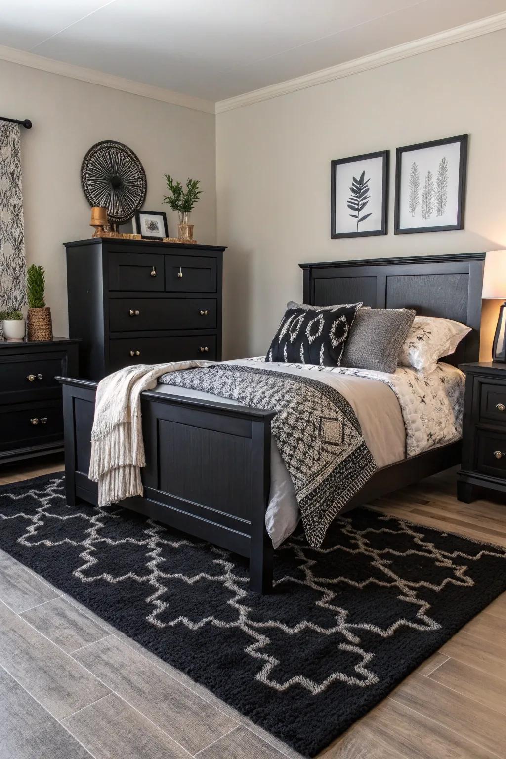 A textured masterpiece featuring dark furnishings and diverse materials.