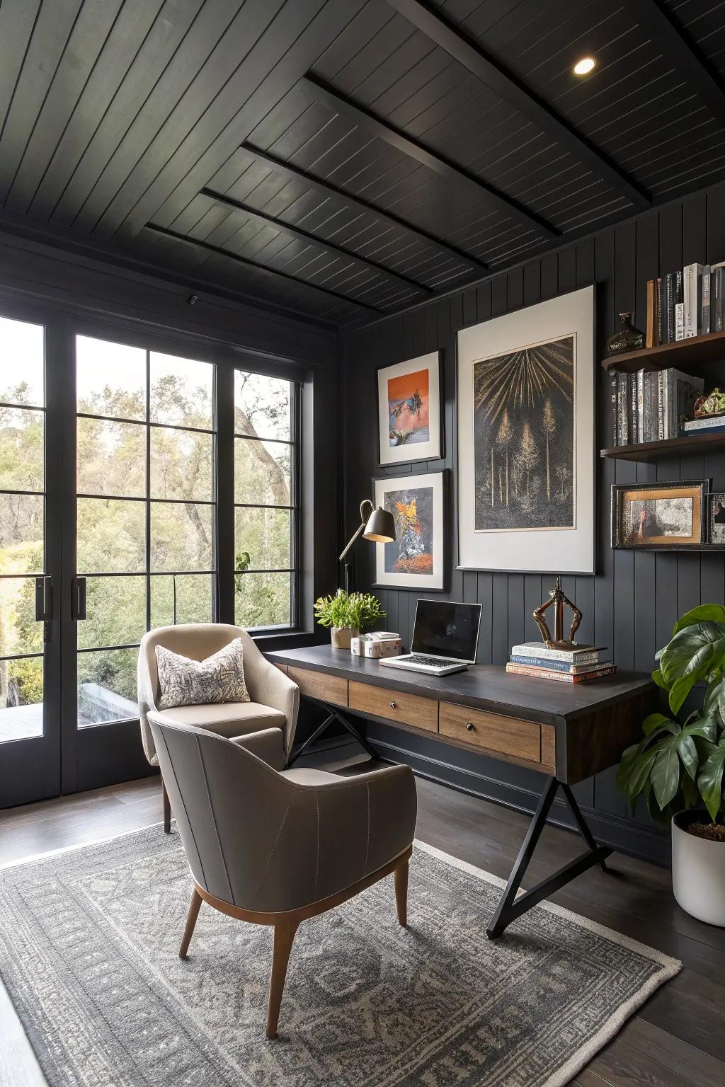 A modern home office featuring a dark overhead that inspires creativity.