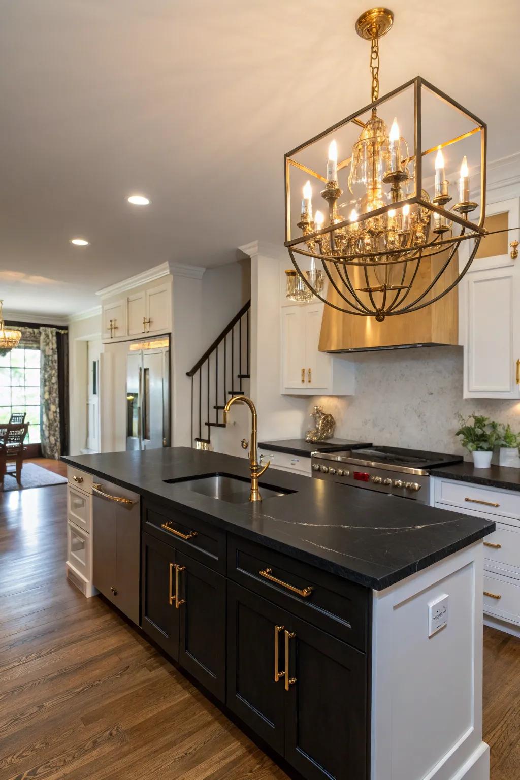 Metallic accents add a glamorous touch to black countertops.