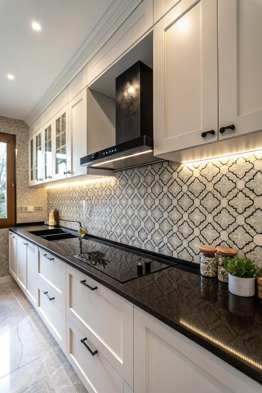 A distinct back panel paired alongside ebony worktops for additional feel.