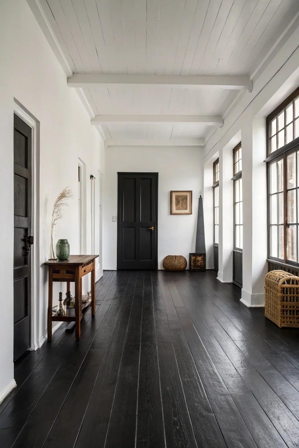 Eye-catching contrast of dark floorings and white walls.