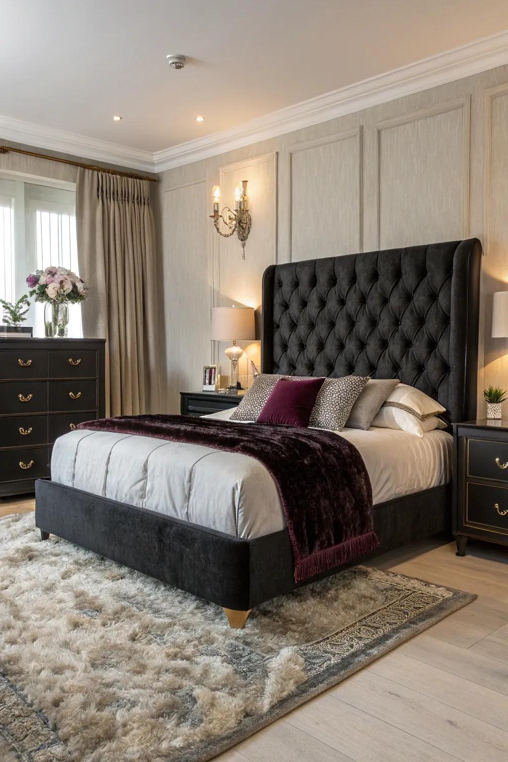 Fashionable bedroom featuring a buttoned dark-toned headboard