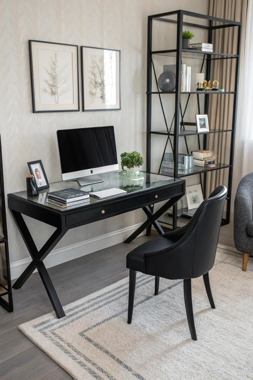A minimalist black office designed for focus and efficiency.