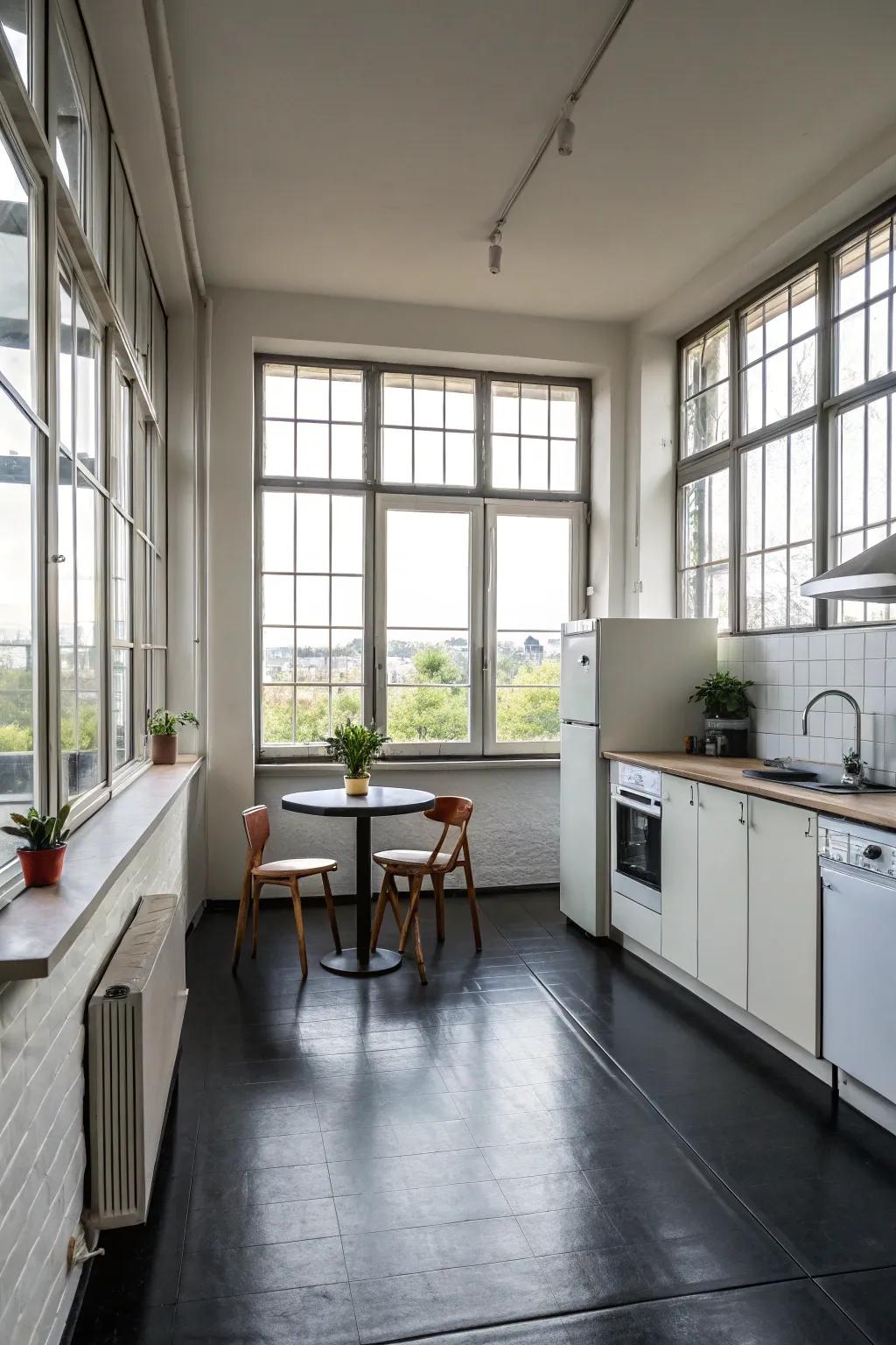 A simple kitchen featuring ebony flooring that stresses straightforwardness and elegance.