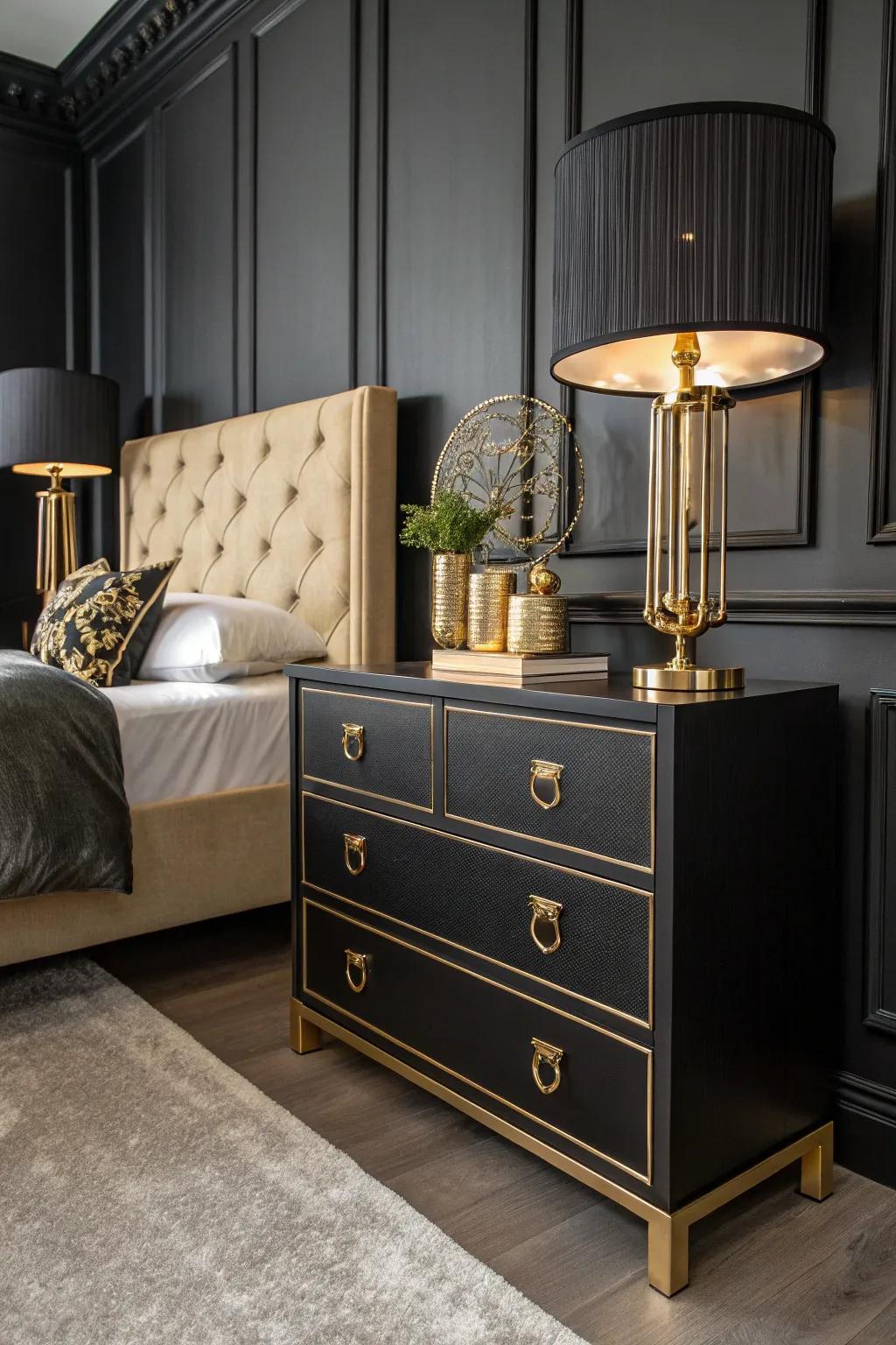 Gleaming details enrich a charcoal bedroom with elegance.