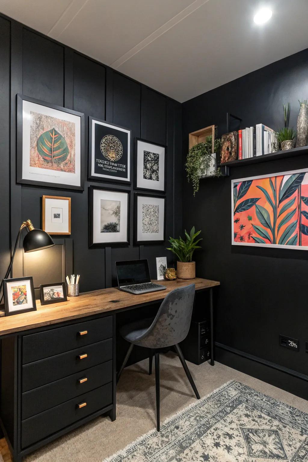 Artworks bring individuality and inspiration to a black office.