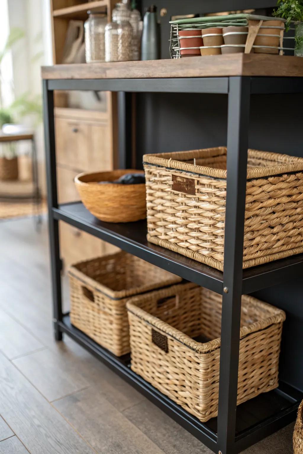 Woven containers upon a dark-colored shelf, integrating practicality with visual appeal.