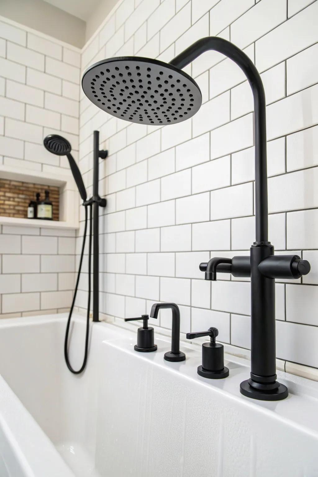 Matte black fixtures bring an up-to-date flair to this bathroom design.