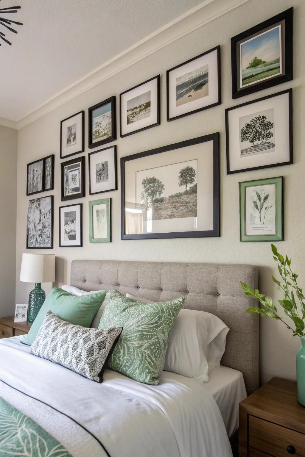 Monochrome art with verdant aspects to enhance the room's theme.