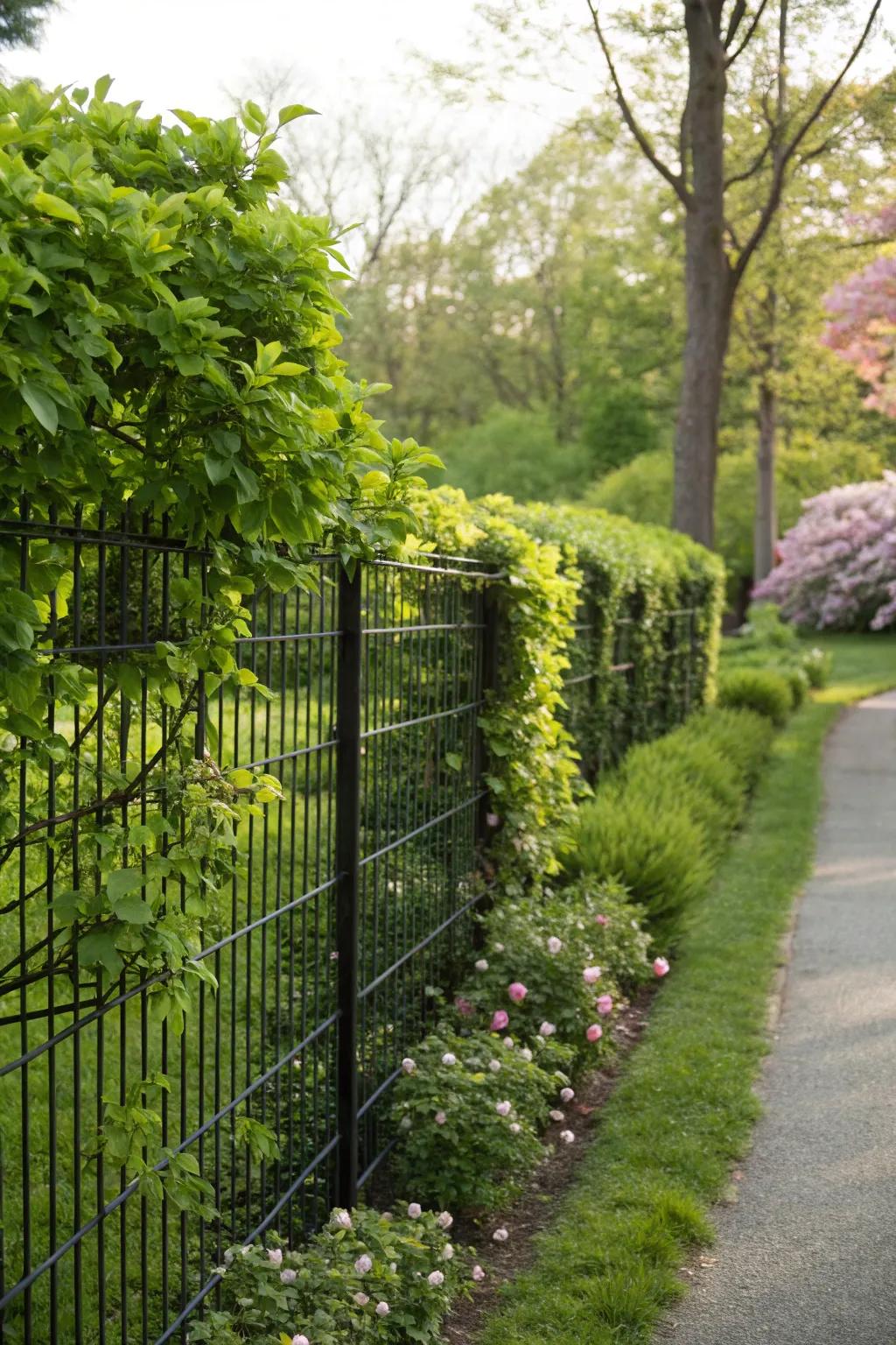 Keep your privacy and enjoy the view with strategic planting near a dark steel-strand barrier.