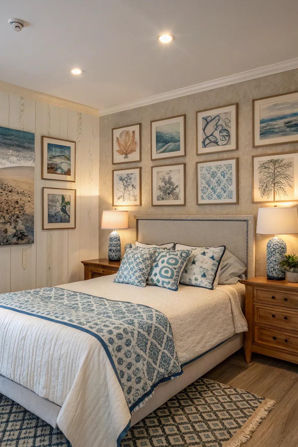The room is given a personal touch by art pieces in blue and beige.