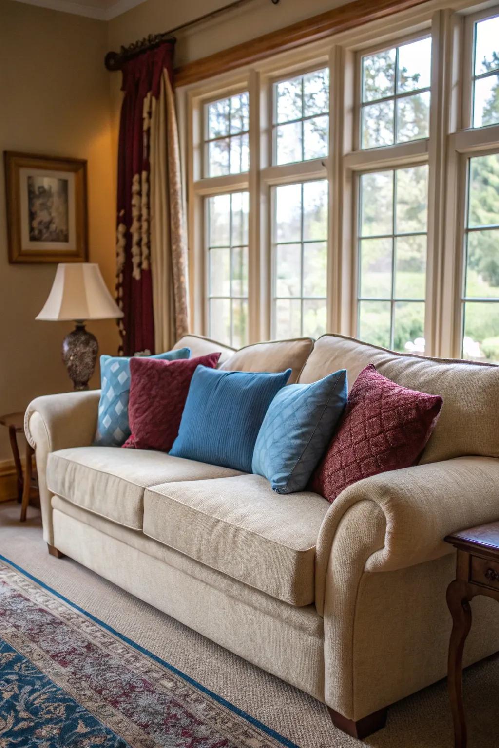 Fair-hued divans spring to life with the incorporation of vibrant azure and wine-toned cushions.