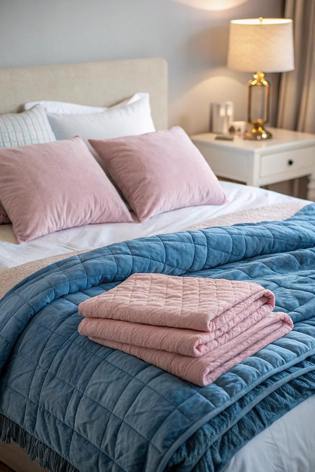 Textured bed linens in blue and pink improve the bedroom's comfort and style.