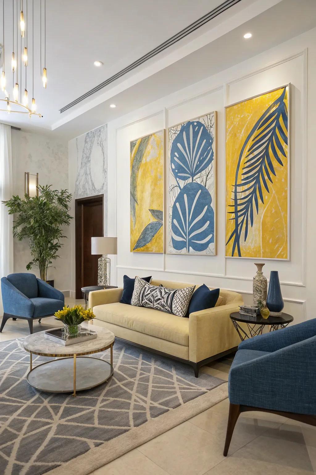 A living area enhanced by azure and gold abstract artistry for a refined touch.