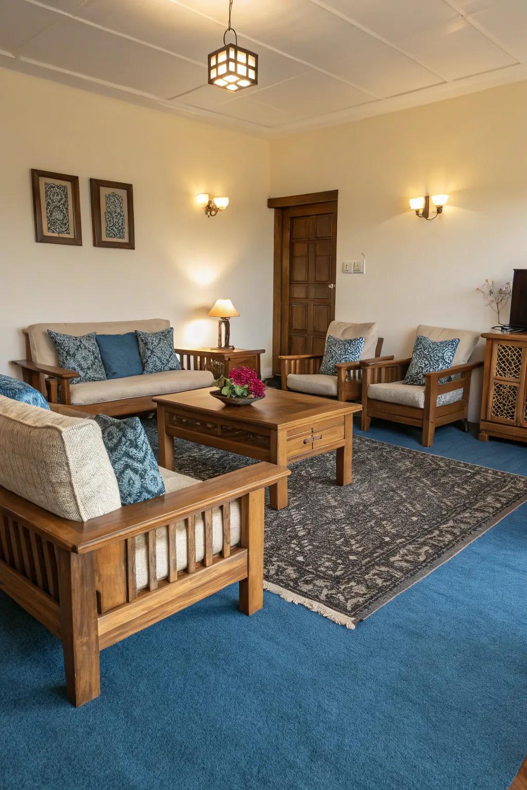 Wood features provide warmth and harmony to the cool shades of a blue carpet.