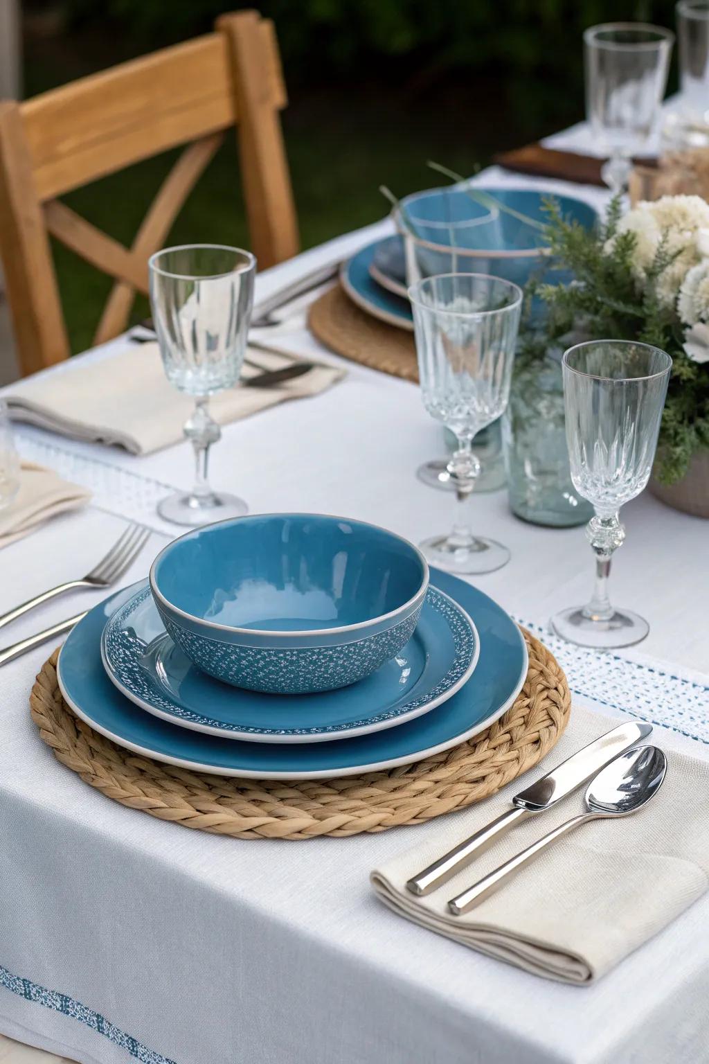 An elegant blue table setting, ideal for holiday dinners.