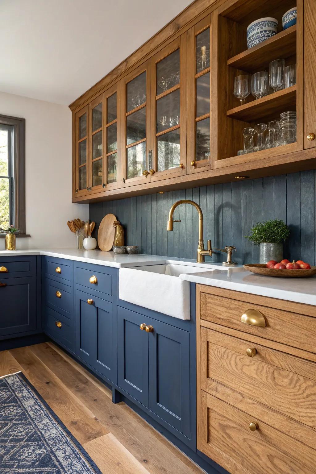 Violet-tinged azure cupboards conjure a captivating and intimate cooking area atmosphere complete with inviting nuances.