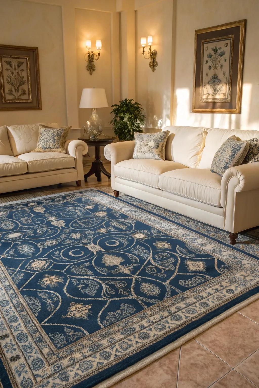 A patterned blue rug offers texture and sophistication to this inviting living room.