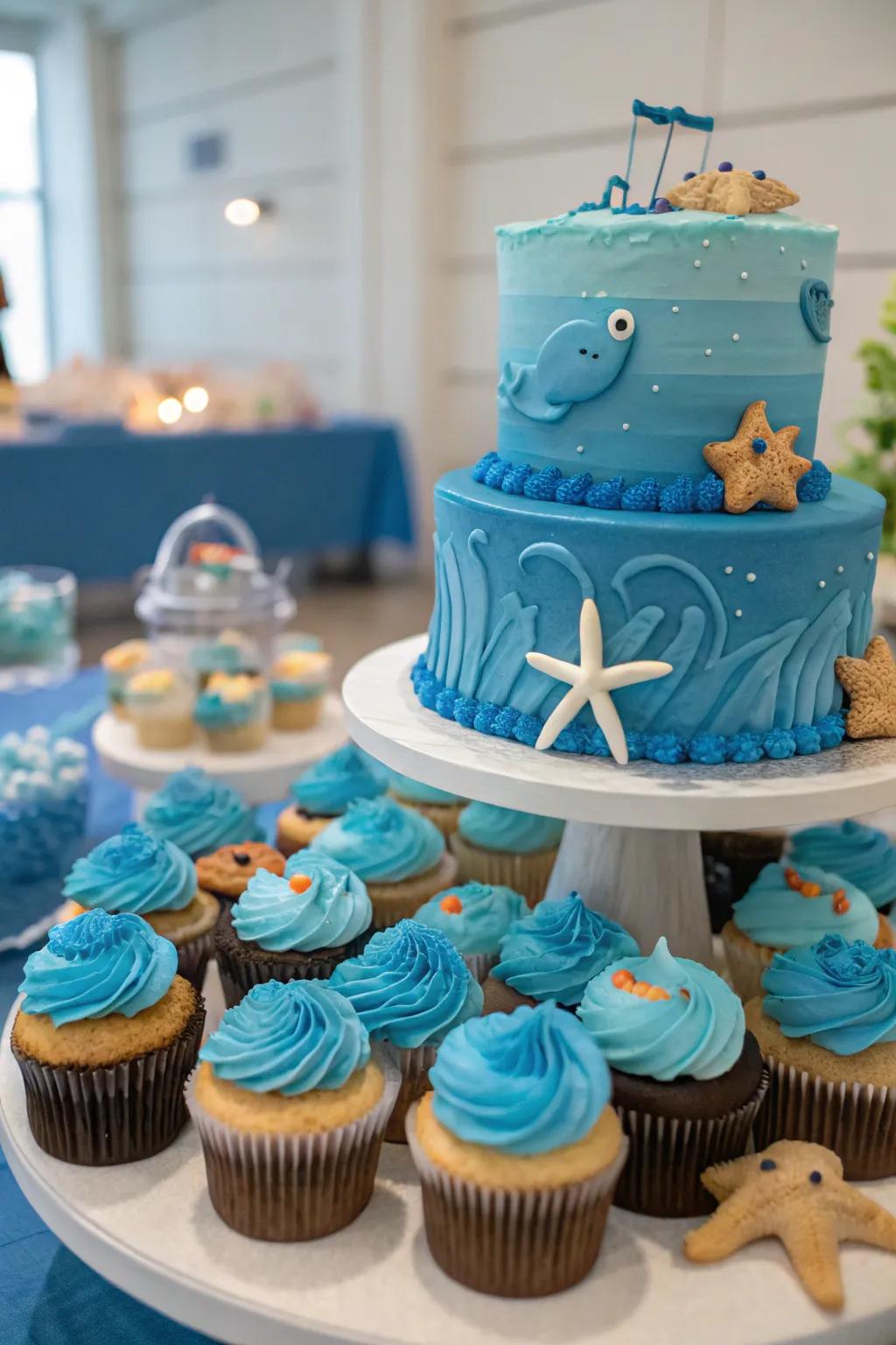 An ocean-inspired dessert showcase featuring imaginative blue-themed treats.