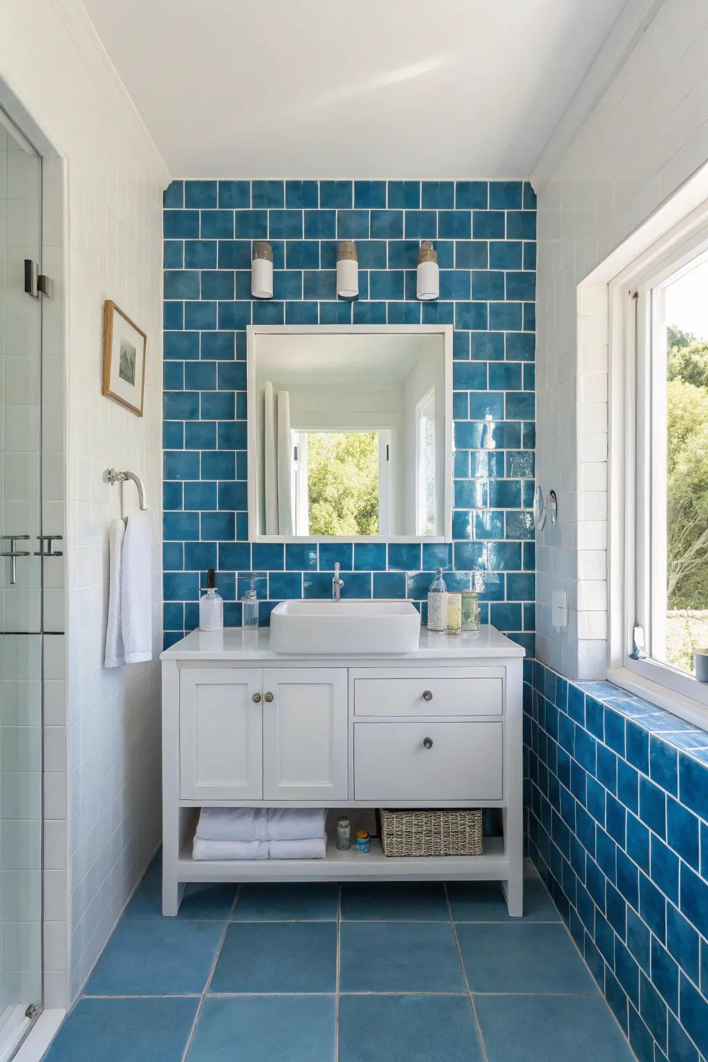 Your bathroom can become a striking focal point with a strong azure feature wall.