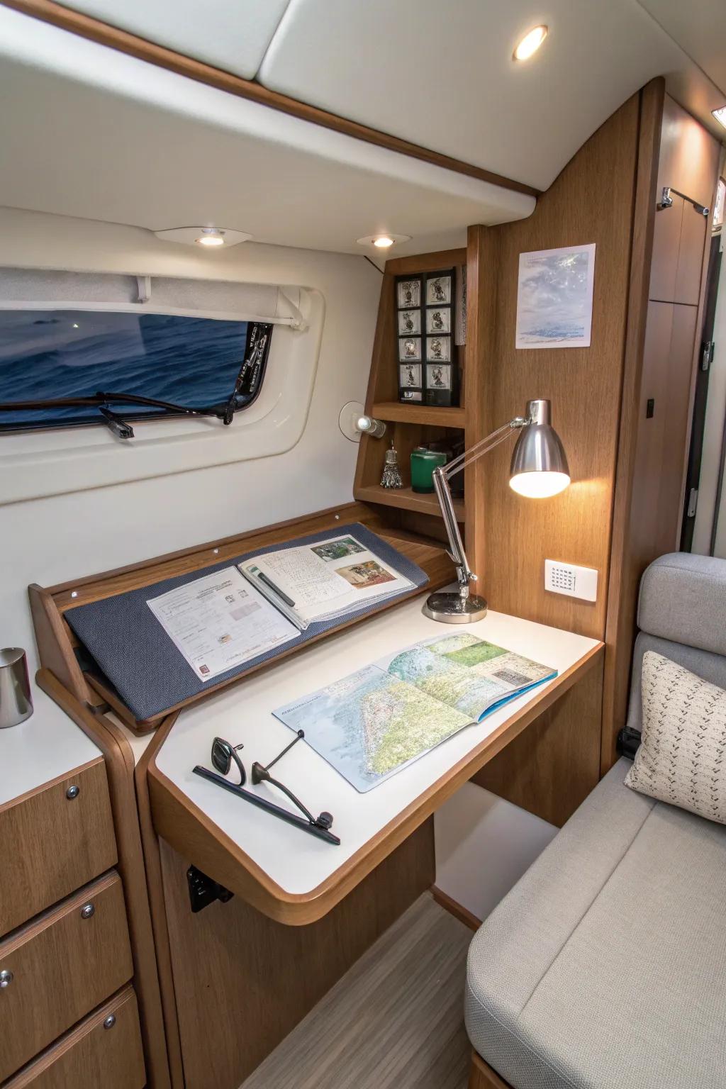Wall-mounted desk situated in a small boat cabin.