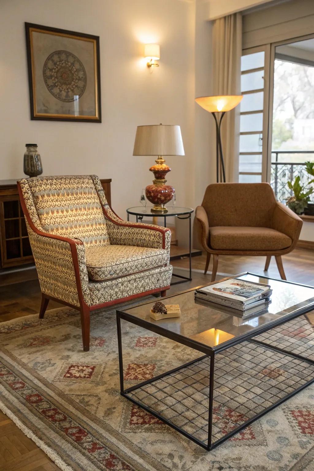 Eclectic furniture fashions a unique bohemian space.