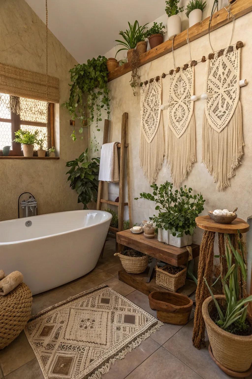 A boho bathroom decorated using elaborate fiber art wall hangings.
