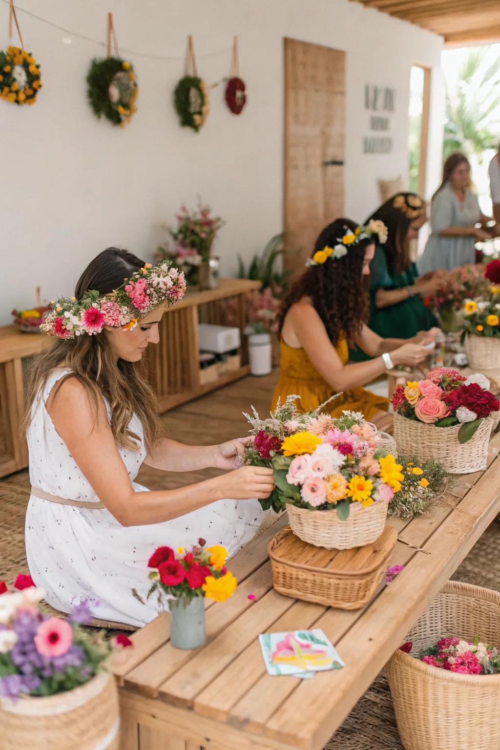 Floral crowns represent a playful and personalized detail.