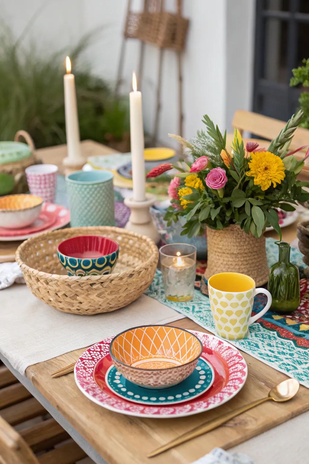 A vibrant mix of colorful tableware enlivens the boho brunch table.