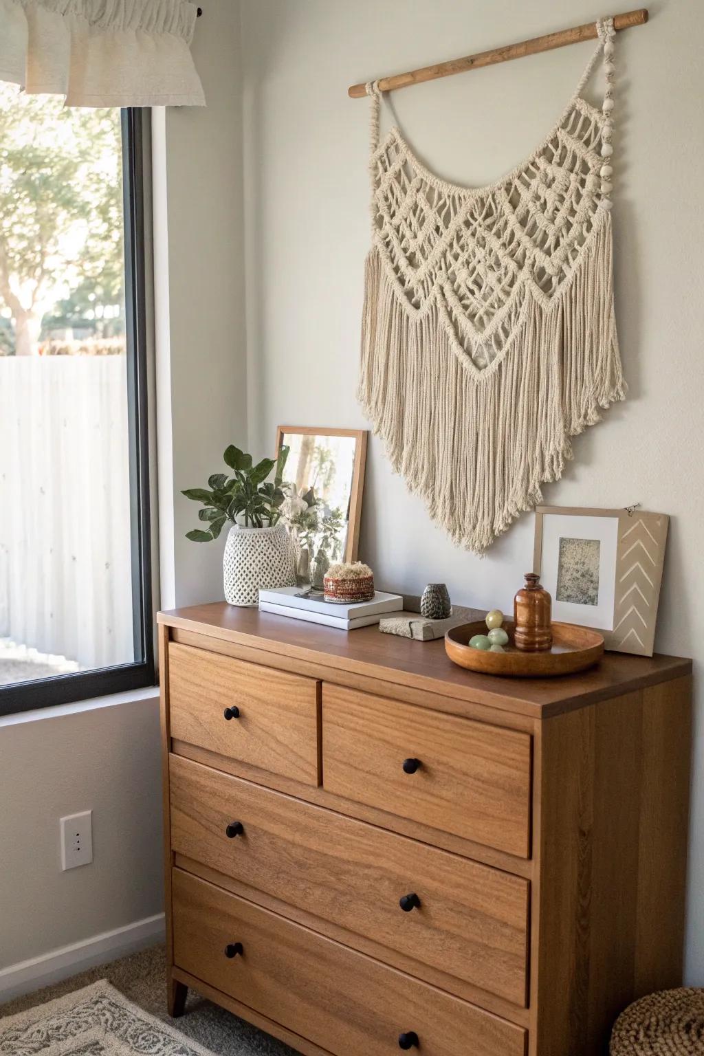 A macram&eacute; tapestry introduces texture and warmth to a boho dresser.