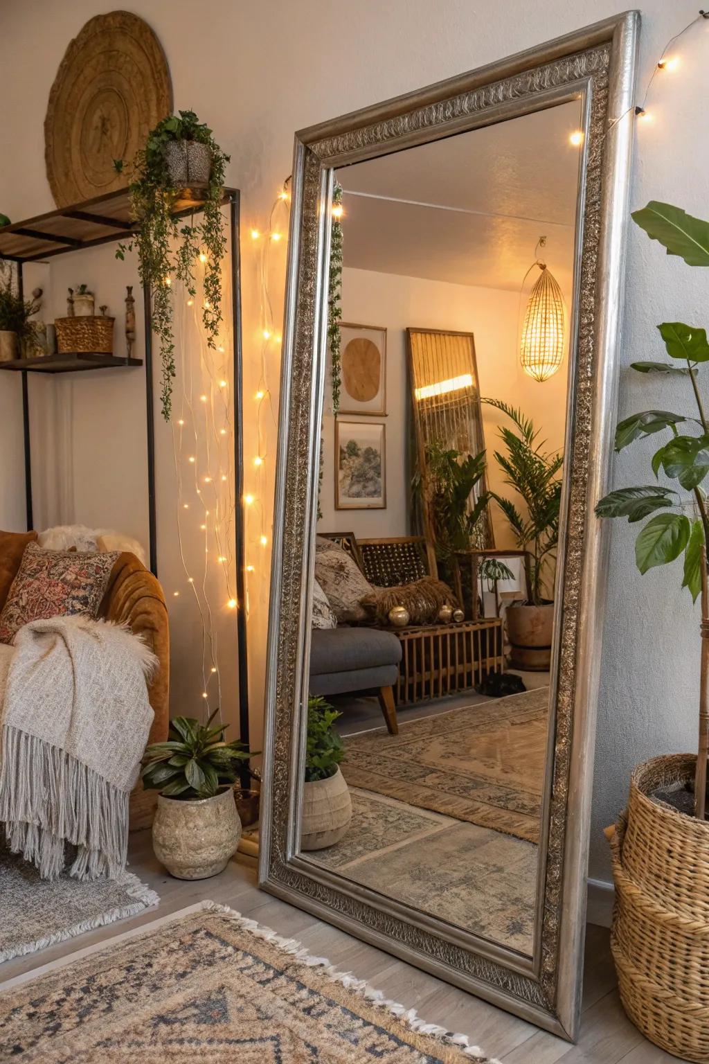 A prominent mirror emulates allure and illumination, amplifying the boho glam sensation.