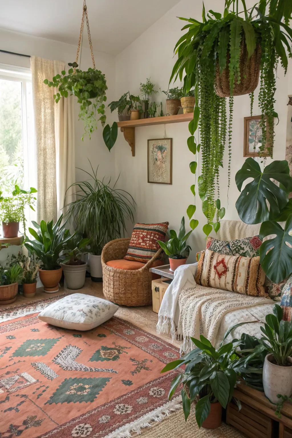 Greenery infuses life into a bohemian backdrop.