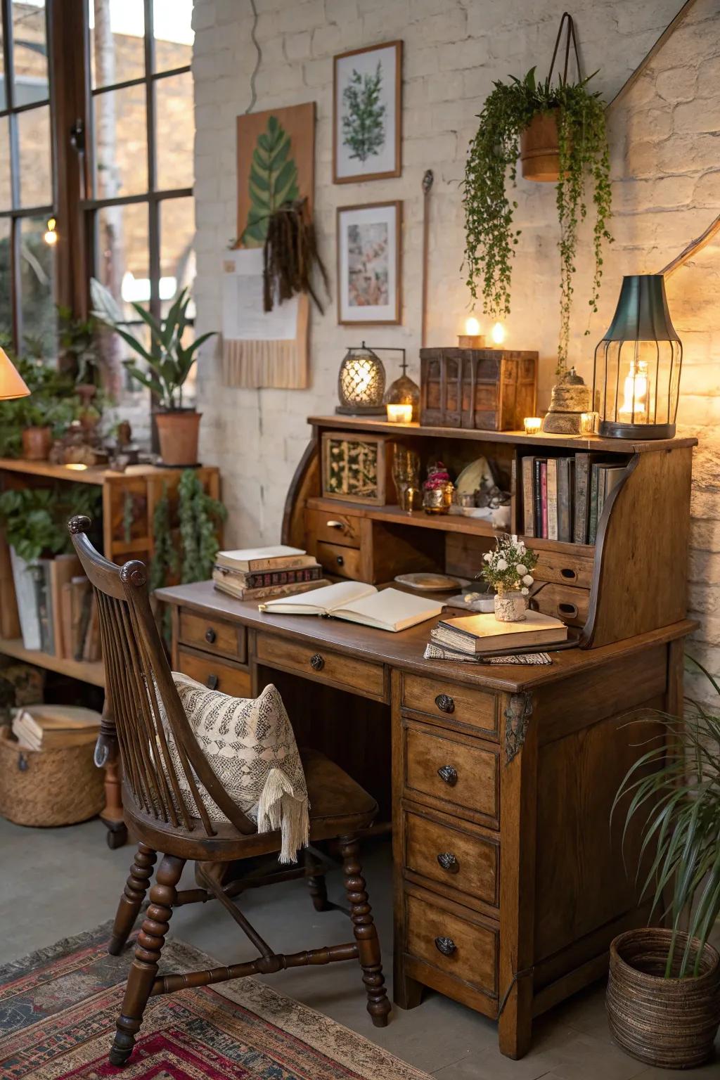 Aged furniture adds character and charm to the boho office.