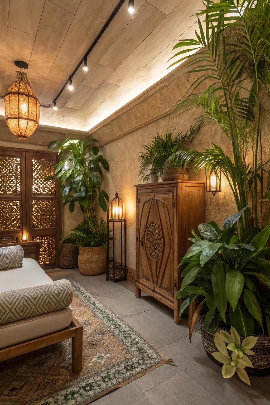 Grounded hues establish a serene and stable bohemian vibe.