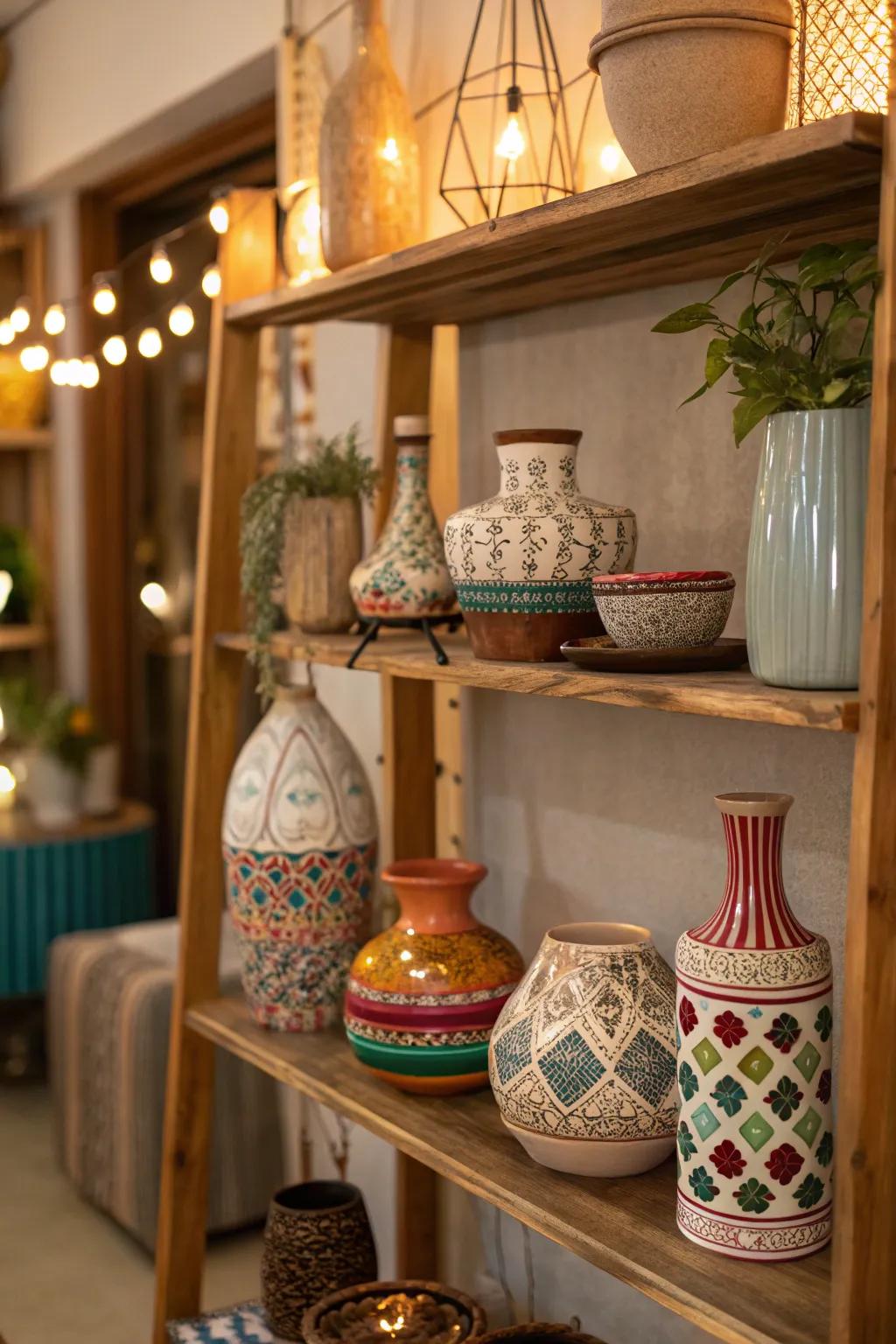 Distinctive vases and ceramics introduce character.