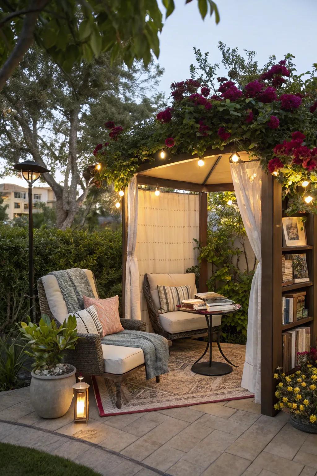 An outdoor book nook, gifting a serene reading ambiance.