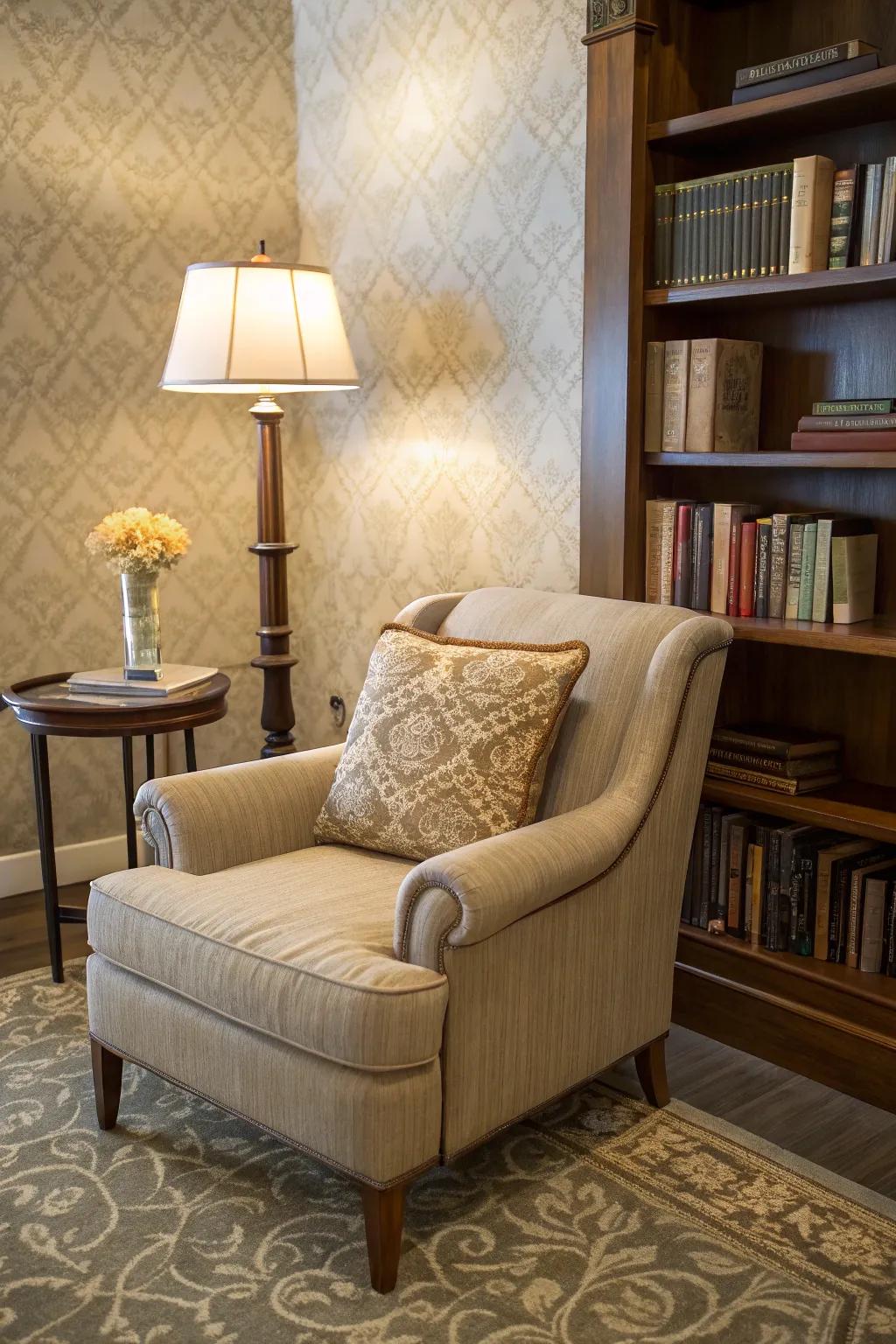 A comfortable armchair corner creates an inviting spot for reading.