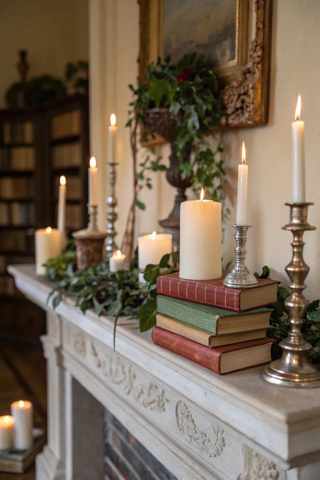 Candles create a warm, inviting ambiance beside books.